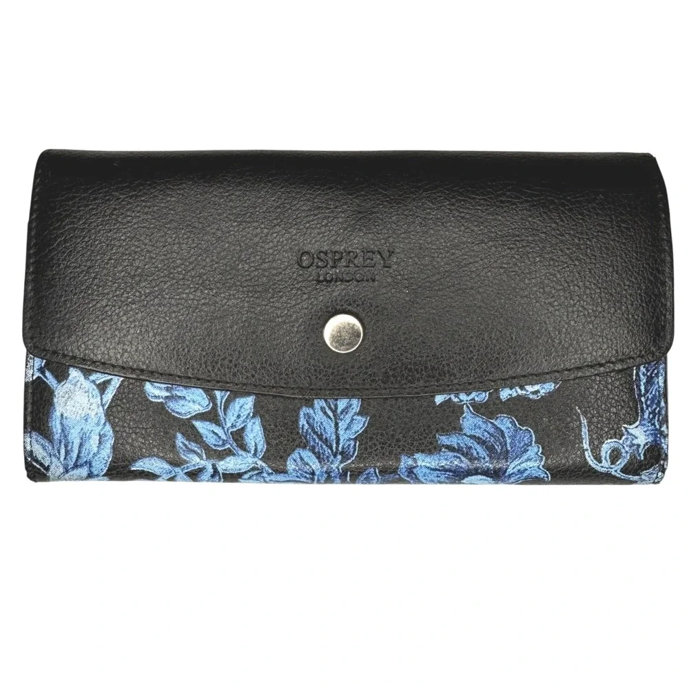 Osprey London Genuine Leather Wallet Clutch Blue Floral Print Snap‎ Closure